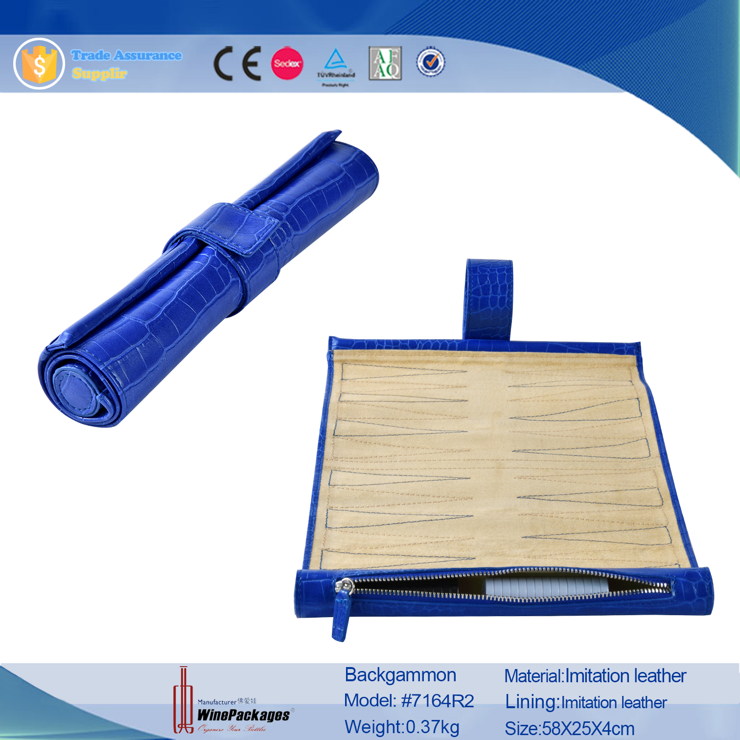 Wholesale Portable Blue Croco Pu Leather Backgammon Roll for Backgammon Game