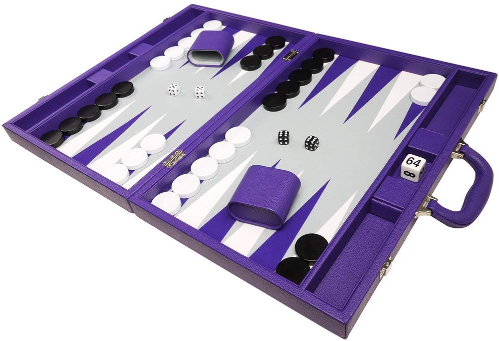 Premium Backgammon Set - Large Size Black Board, Black And White Points, Green Playing Surface