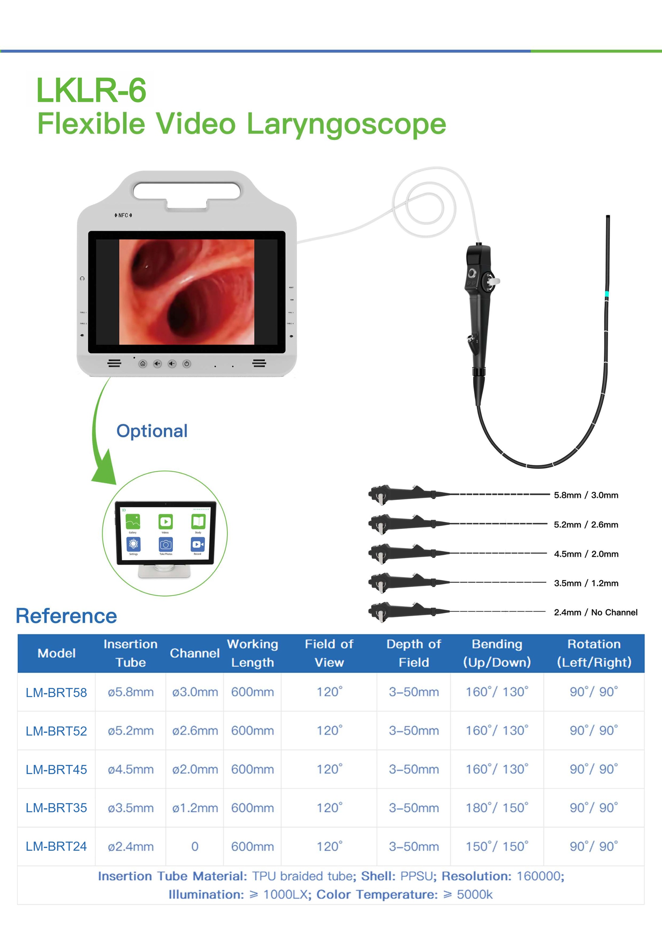 منظار الحنجرة ذو الفيديو المرن LKLR-6 منظار الحنجرة ذو الفيديو المرن القابل للتصرف LKLR-7-2
