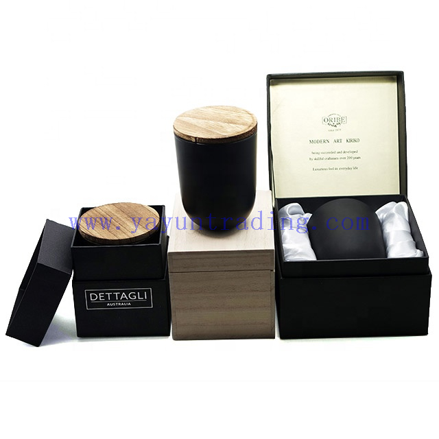 Matte Black Frosted Heat Resistant Glass Candle Jars With Gold Metal Lids And Wooden Box
