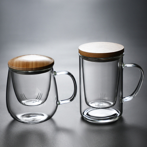 500ml Glass Drinking Water Cup with Wooden Cap with Handle