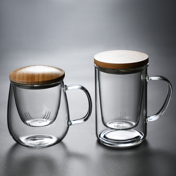 500ml Glass Drinking Water Cup with Wooden Cap with Handle