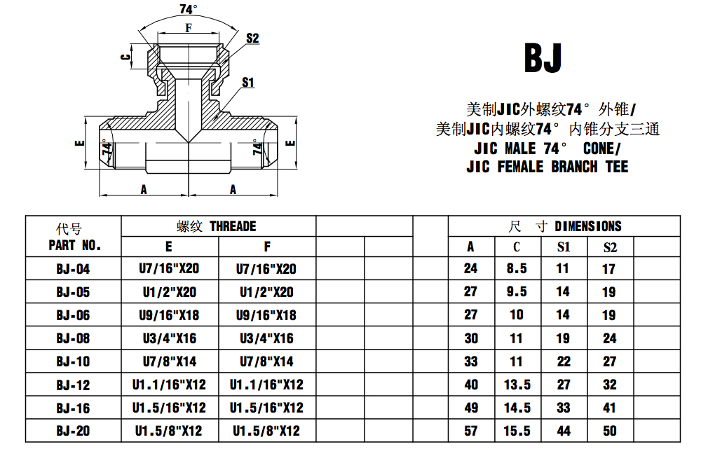 BJ JIC MALE 74° CONE/ JIC FEMALE BRANCH TEE aerospace hydraulic