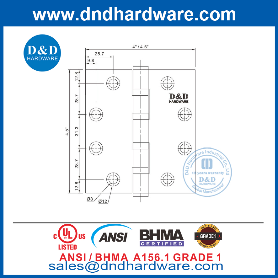 ANSI级1重型滚珠轴承门铰链DDSS001-ANSI11来自中国制造商- D&D硬件