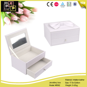 White Pink PU leather Bow Tie In Top Mirror Drawer jewelry Box