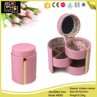 Pink White Round Tube Mirror Metal Frame 3 Ply Jewelry Box